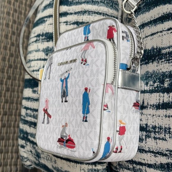 MICHAEL KORS WOMEN LADY SKI GIRL SKIER CHAIN CROSSBODY BAG WHITE LOGO GREY LTH - Picture 2 of 15